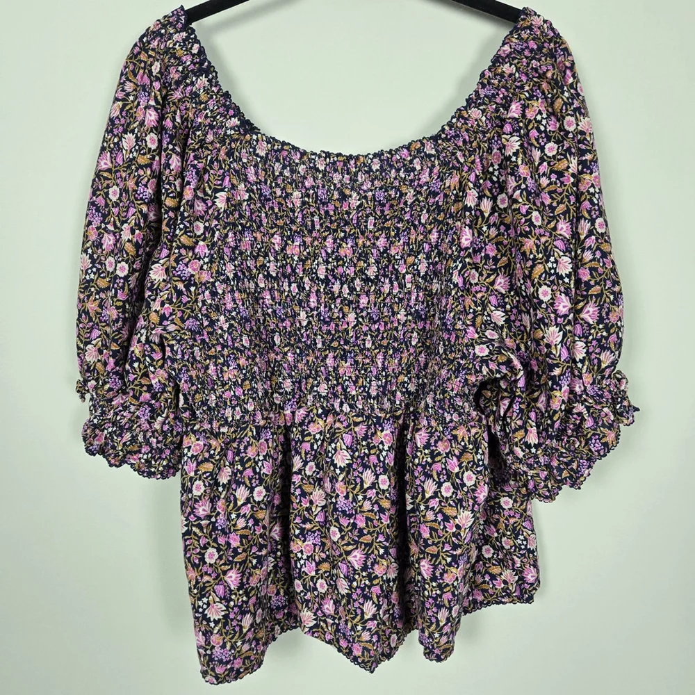 Old Navy Womens Dark Floral Puff Sleeve Top 2X Pink Smocked Peasant Cottagecore